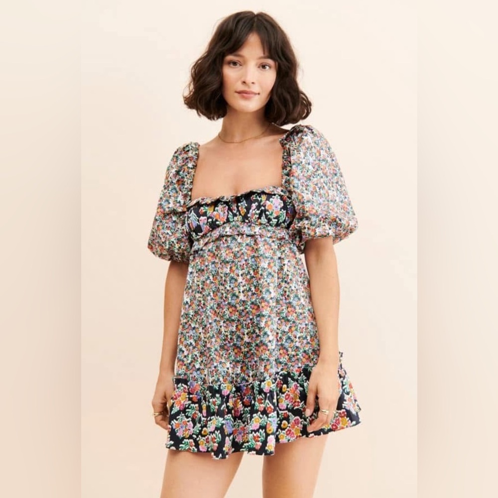 For Love & Lemons Floral Puff-Sleeve Mini Dress in Black Multicolor
